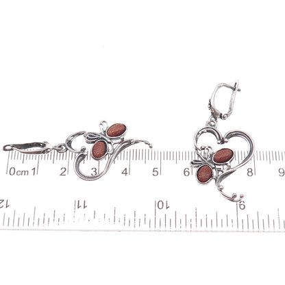 925 Sterling Vintage Poland Real Goldstone Butterfly & Heart Dangle Earrings