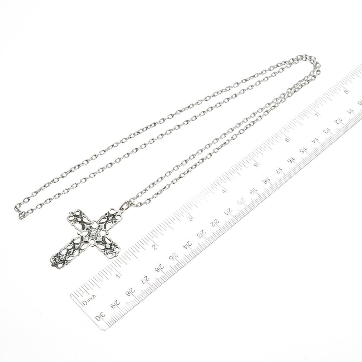 950 Silver Vintage Ornate Cross Oxidized Cable Chain Necklace 28"