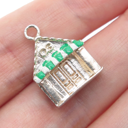 925 Sterling Silver Vintage Green & White Enamel OG House Porch Charm Pendant