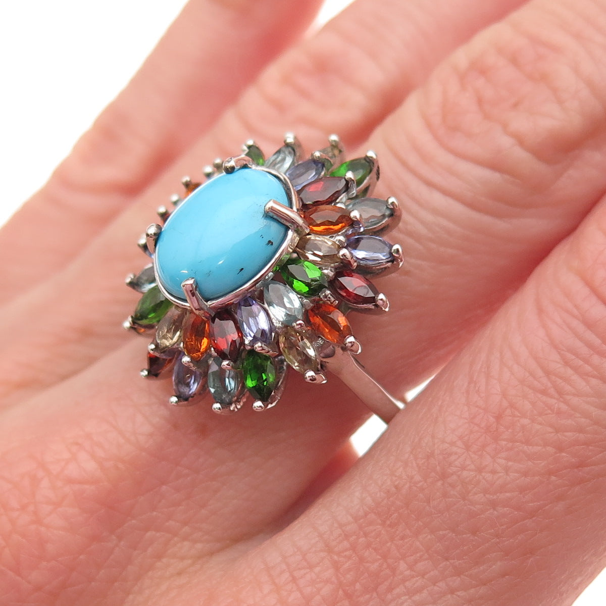 D'Joy 925 Sterling Silver Real Turquoise & Multi-Color Gem Ring Size 8