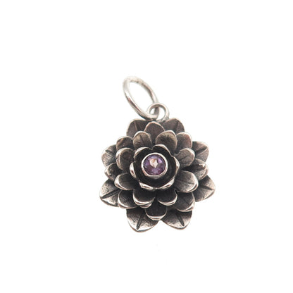 925 Sterling Silver Vintage Real Amethyst Flower Oxidized Mini Charm Pendant