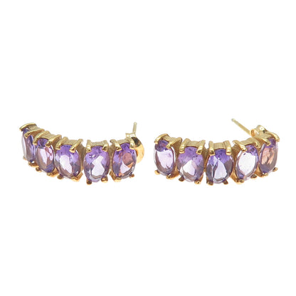 925 Sterling Silver Gold Plated Real Oval-Cut Amethyst Cluster Bar Drop Earrings