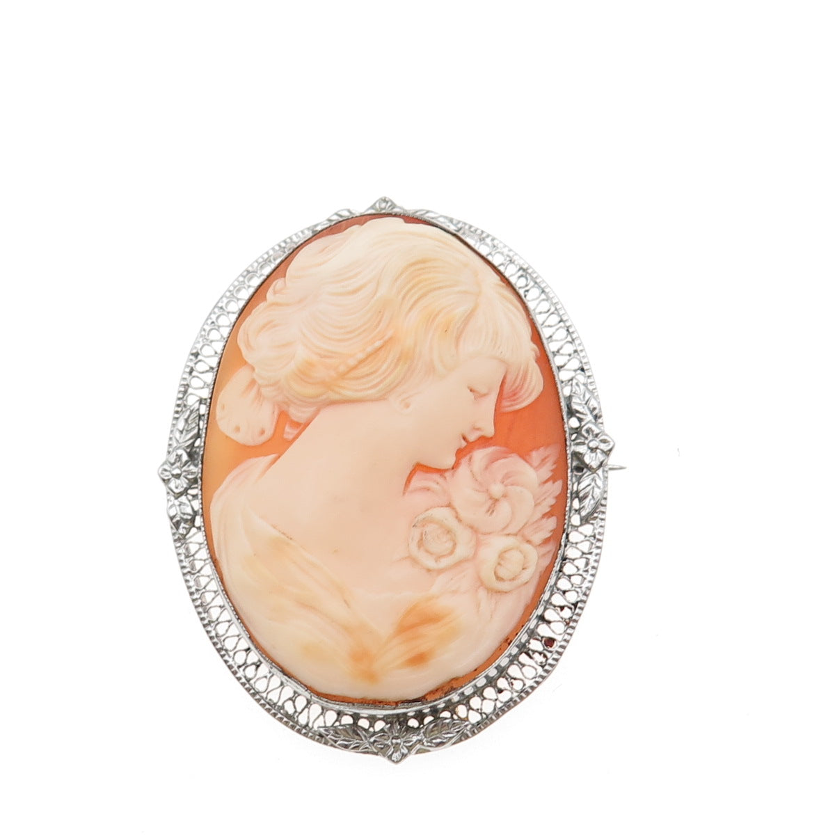 925 Sterling Silver Antique Art Deco Real MOP Lady Cameo Pin Brooch / Pendant