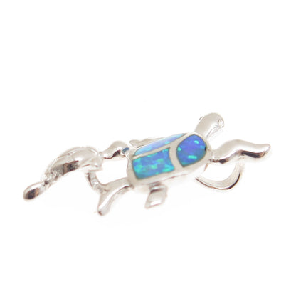 925 Sterling Silver Real Blue Opal Gemstone Mother & Baby Turtles Slide Pendant