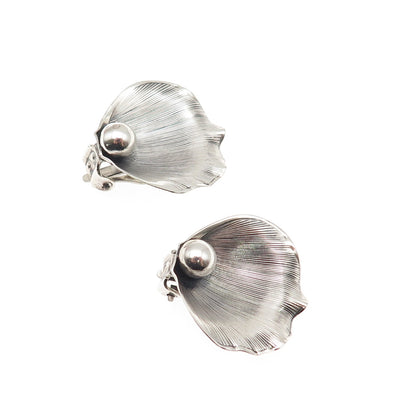 925 Sterling Silver Antique Art Deco Calla Lily Oxidized Clip On Earrings
