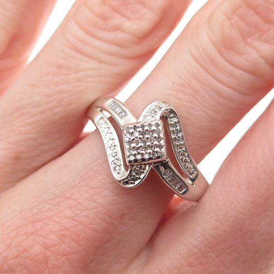 Sun 925 Sterling Silver Real Round & Emerald-Cut Diamond Ring Size 10