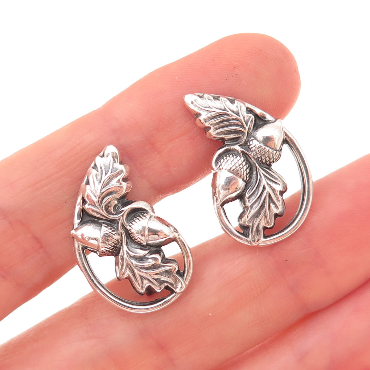 925 Sterling Silver Antique Art Deco Acorn Oxidized Screw Back Earrings