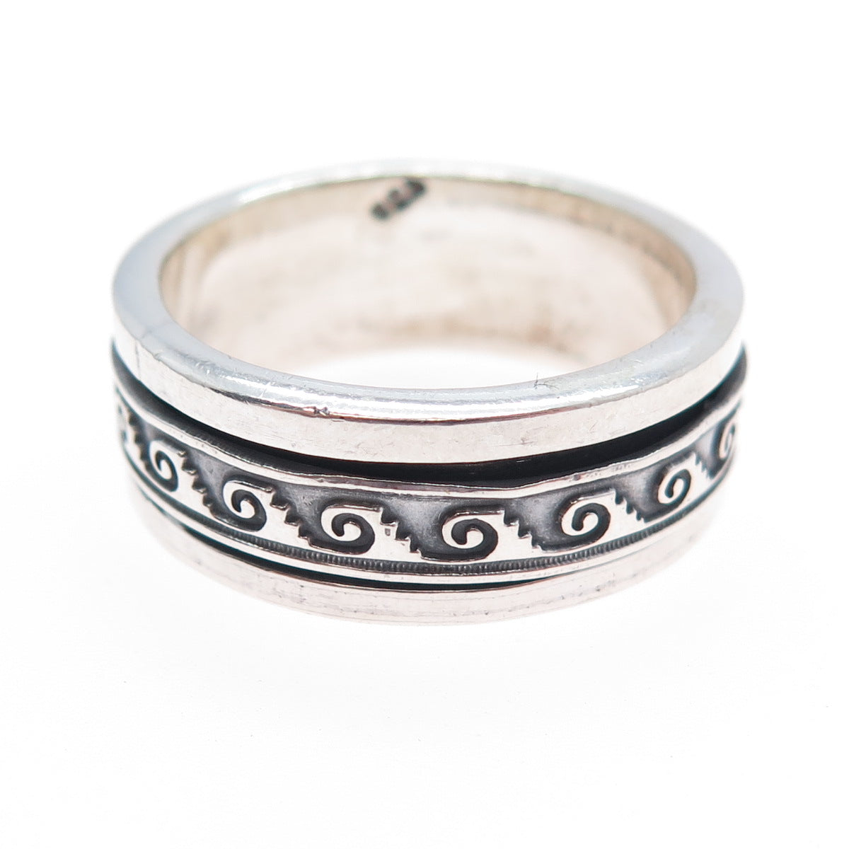 925 Sterling Silver Vintage Tribal Wave Oxidized Rotating Band Ring Size 12.75