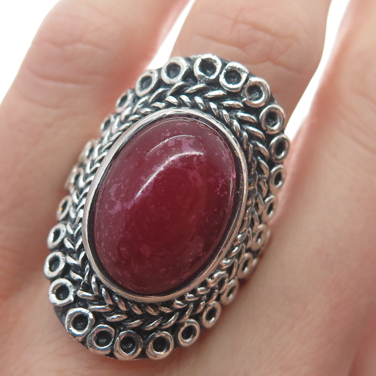 925 Sterling Silver Vintage Real Rhodonite Circle Link Oxidized Ring Size 9