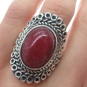 925 Sterling Silver Vintage Real Rhodonite Circle Link Oxidized Ring Size 9