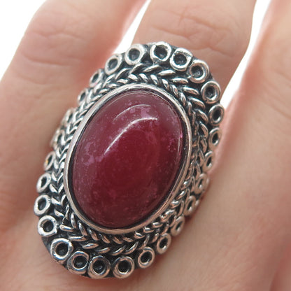 925 Sterling Silver Vintage Real Rhodonite Circle Link Oxidized Ring Size 9