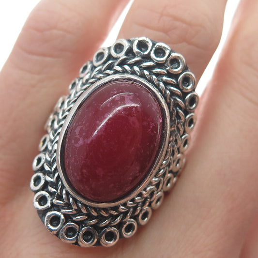 925 Sterling Silver Vintage Real Rhodonite Circle Link Oxidized Ring Size 9