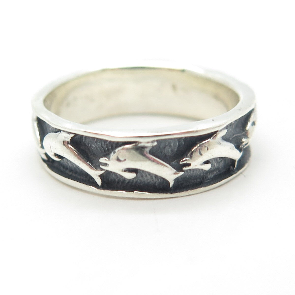 925 Sterling Silver Vintage Friendly Dolphin Band Ring Size 8