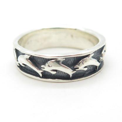 925 Sterling Silver Vintage Friendly Dolphin Band Ring Size 8
