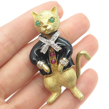 18K Yellow Gold Vintage Enamel Real 0.30ct Diamond Emerald & Ruby Cat Pin Brooch