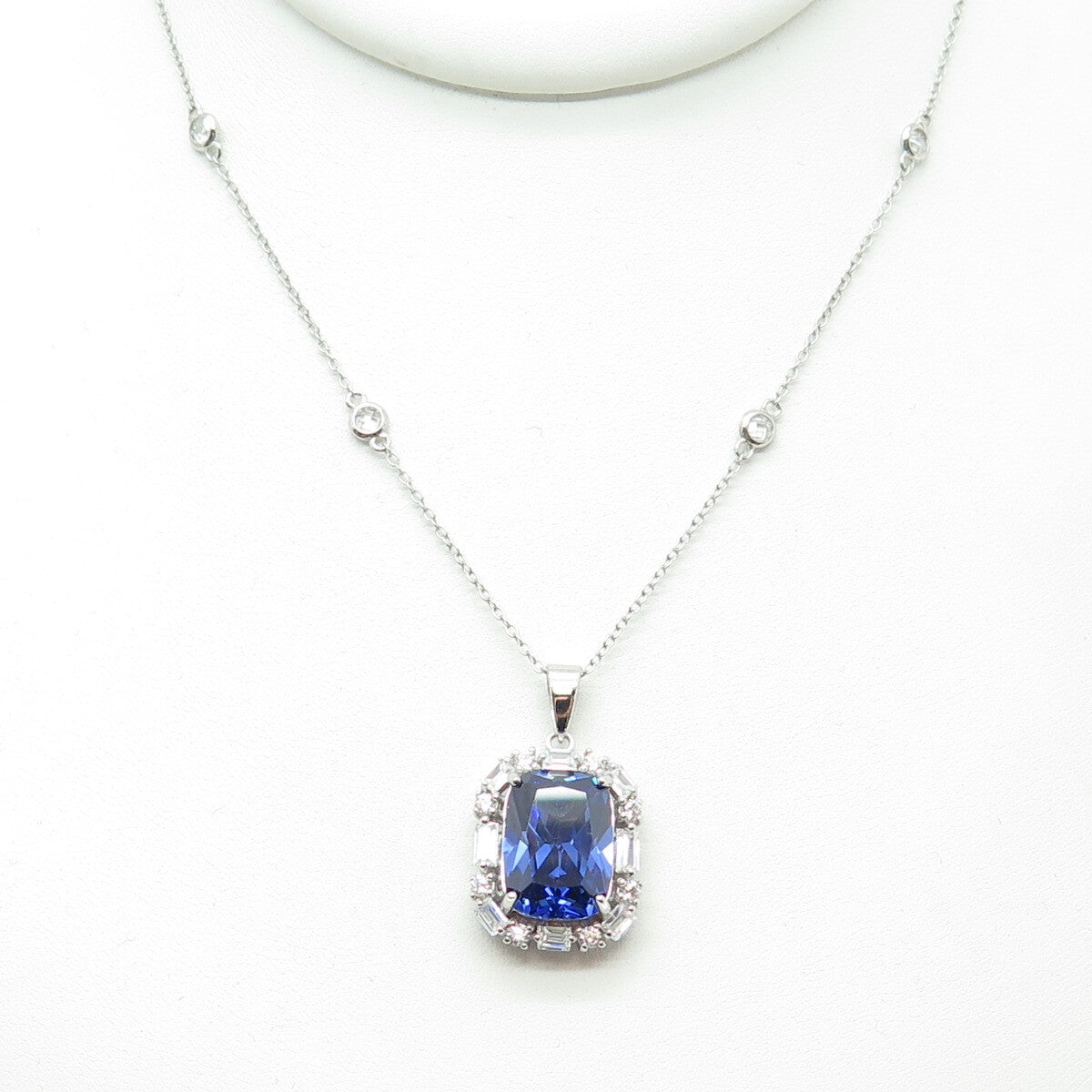 925 Sterling Silver Blue & White C Z Station Chain Necklace 18"