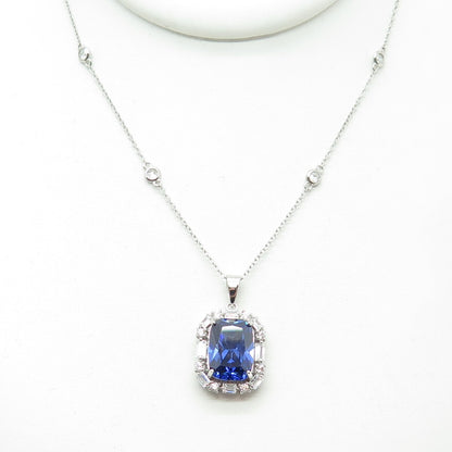 925 Sterling Silver Blue & White C Z Station Chain Necklace 18"