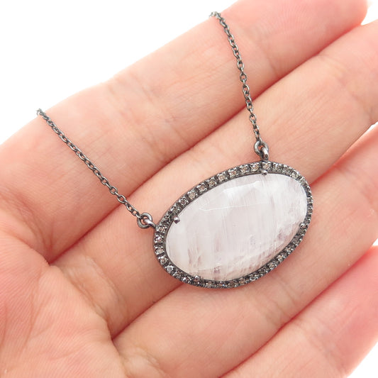 925 Sterling Silver Black Rhodium Real Diamond & Quartz Chain Necklace 16-18"