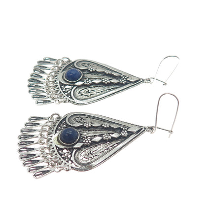925 Sterling Silver Vintage Real Lapis Oxidized Filigree Chandelier Earrings