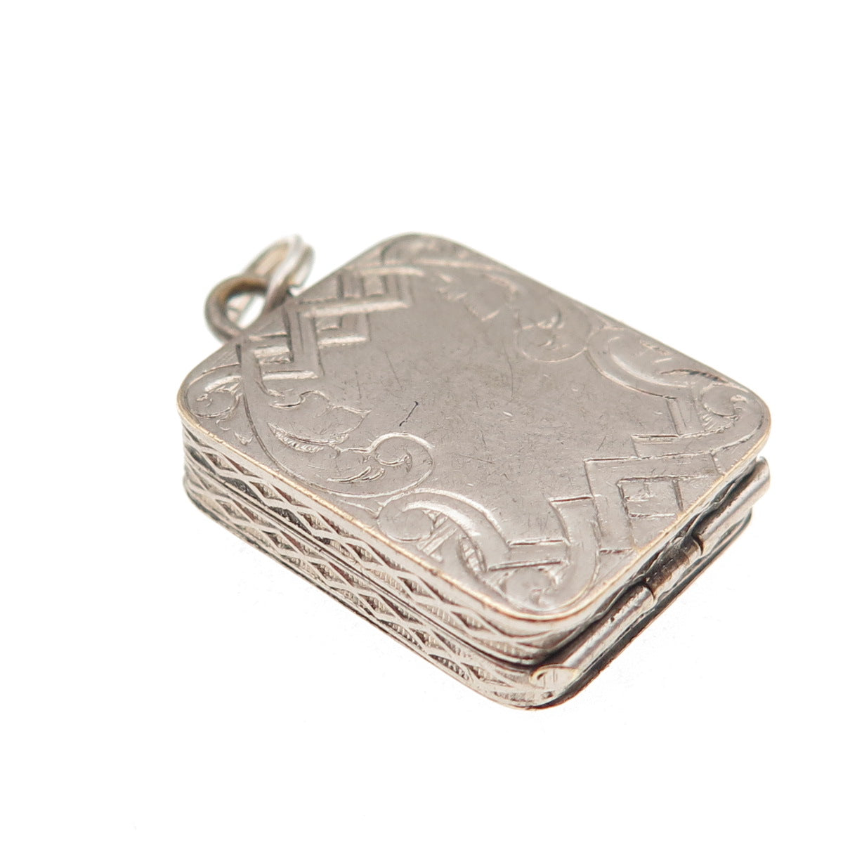 Silver-Tone Antique Art Deco Engraved Floral Locket Box Charm Pendant