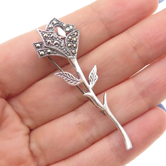 925 Sterling Silver Vintage Real Marcasite Rose Flower Oxidized Pin Brooch