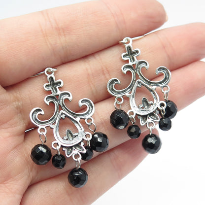 925 Sterling Silver Vintage Real Black Onyx Gemstone Ornate Dangling Earrings