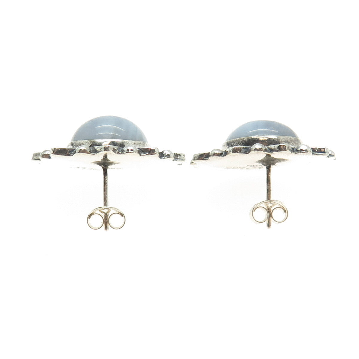 925 Sterling Silver Vintage CII Mexico Blue Lace Agate Floral Oxidized Earrings