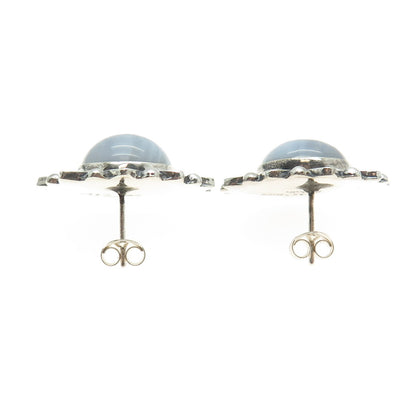 925 Sterling Silver Vintage CII Mexico Blue Lace Agate Floral Oxidized Earrings