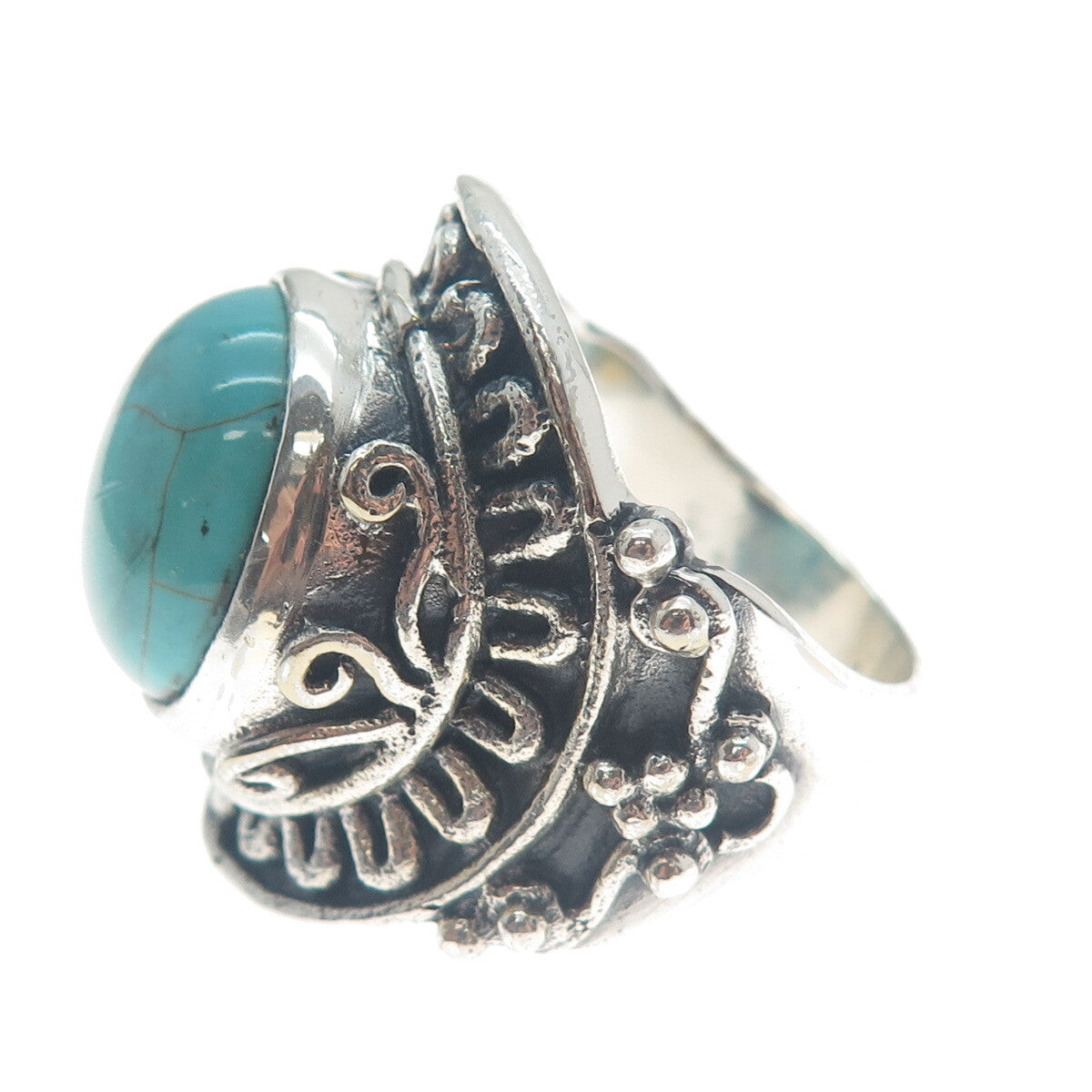 925 Sterling Silver Vintage Real Mountain Turquoise Sun Oxidized Ring Size 10.75