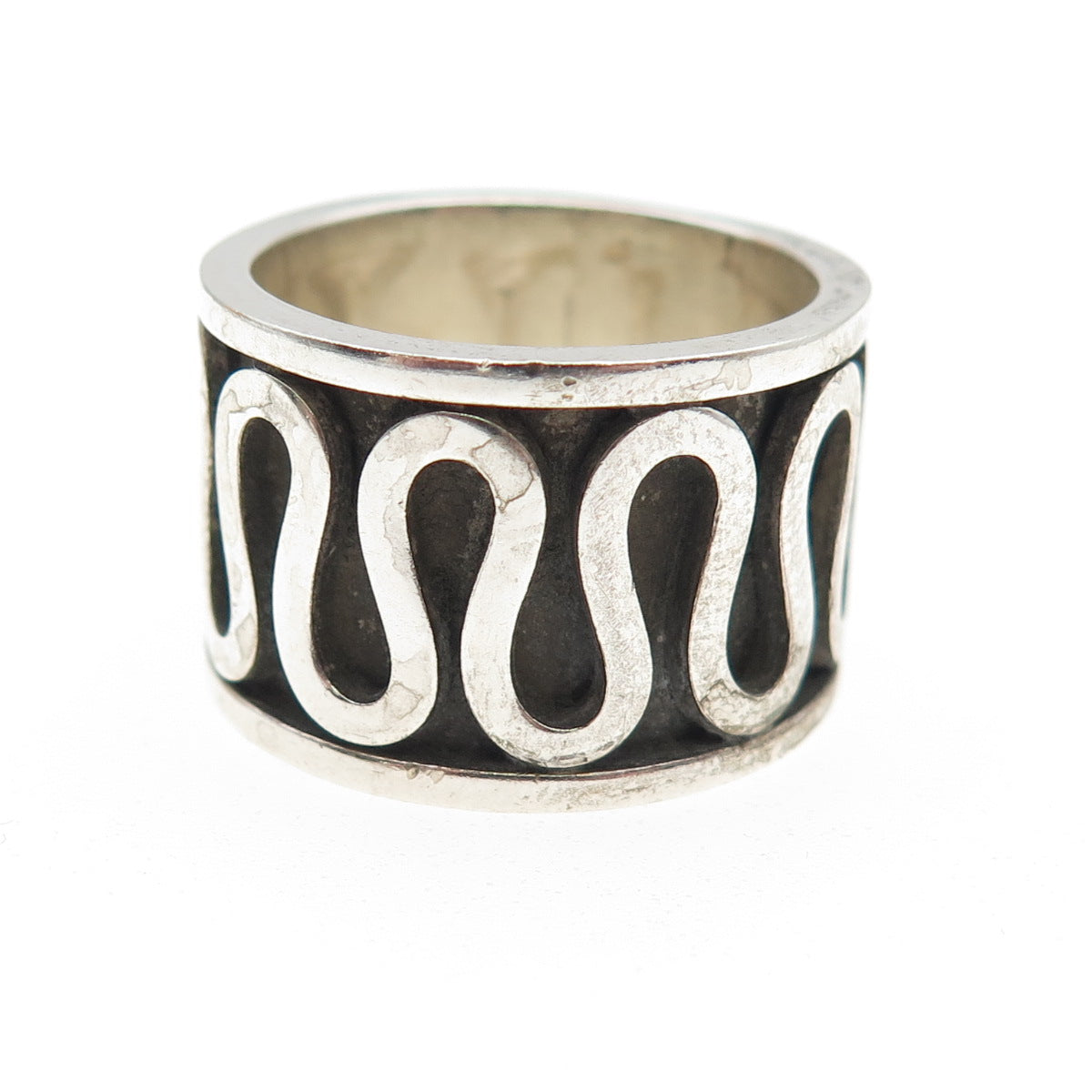 925 Sterling Silver Vintage Zig Zag Oxidized Wide Band Ring Size 8.25