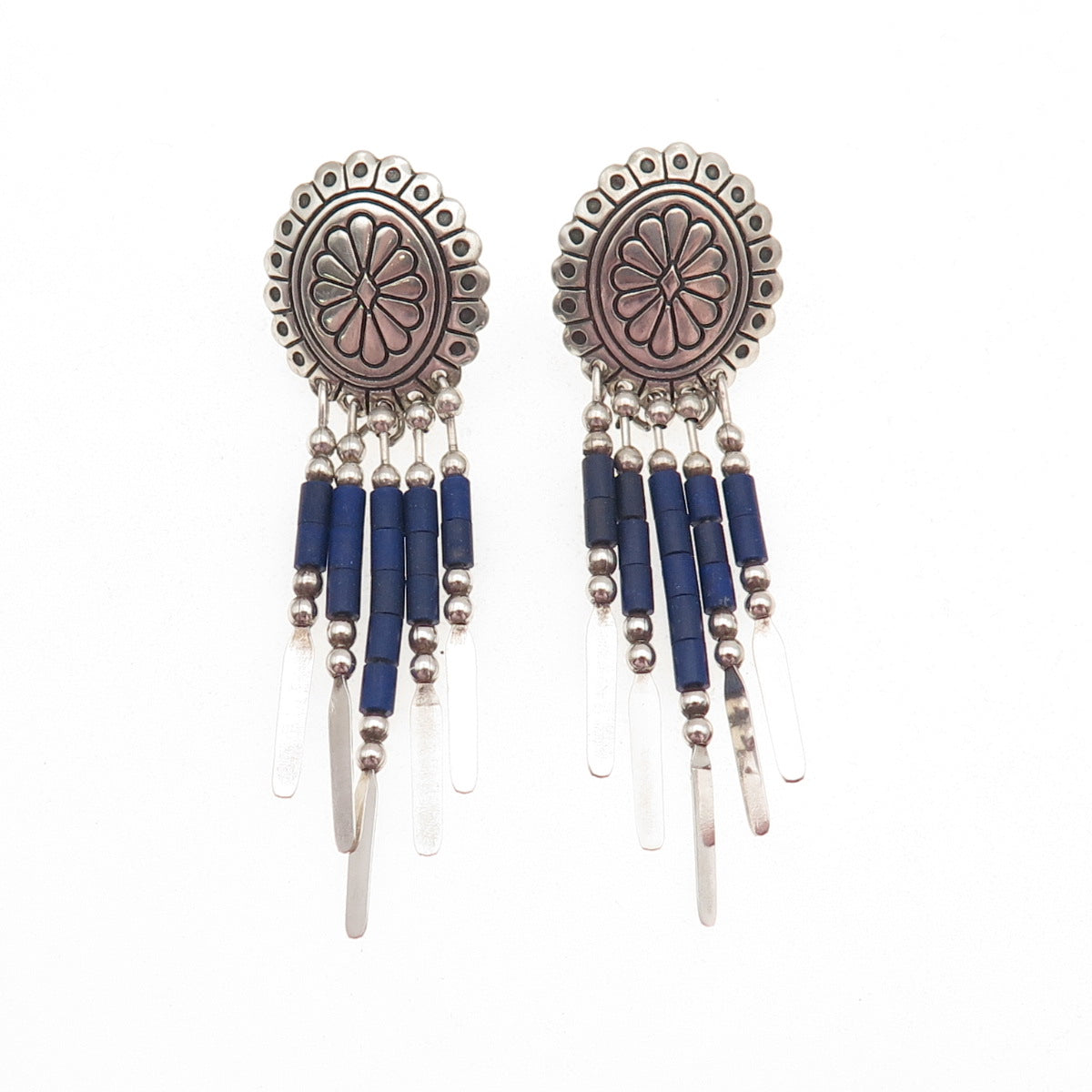 Quoc Turquoise Old Pawn 925 Sterling Silver Vintage Lapis Concho Dangle Earrings