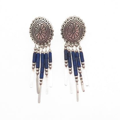 Quoc Turquoise Old Pawn 925 Sterling Silver Vintage Lapis Concho Dangle Earrings