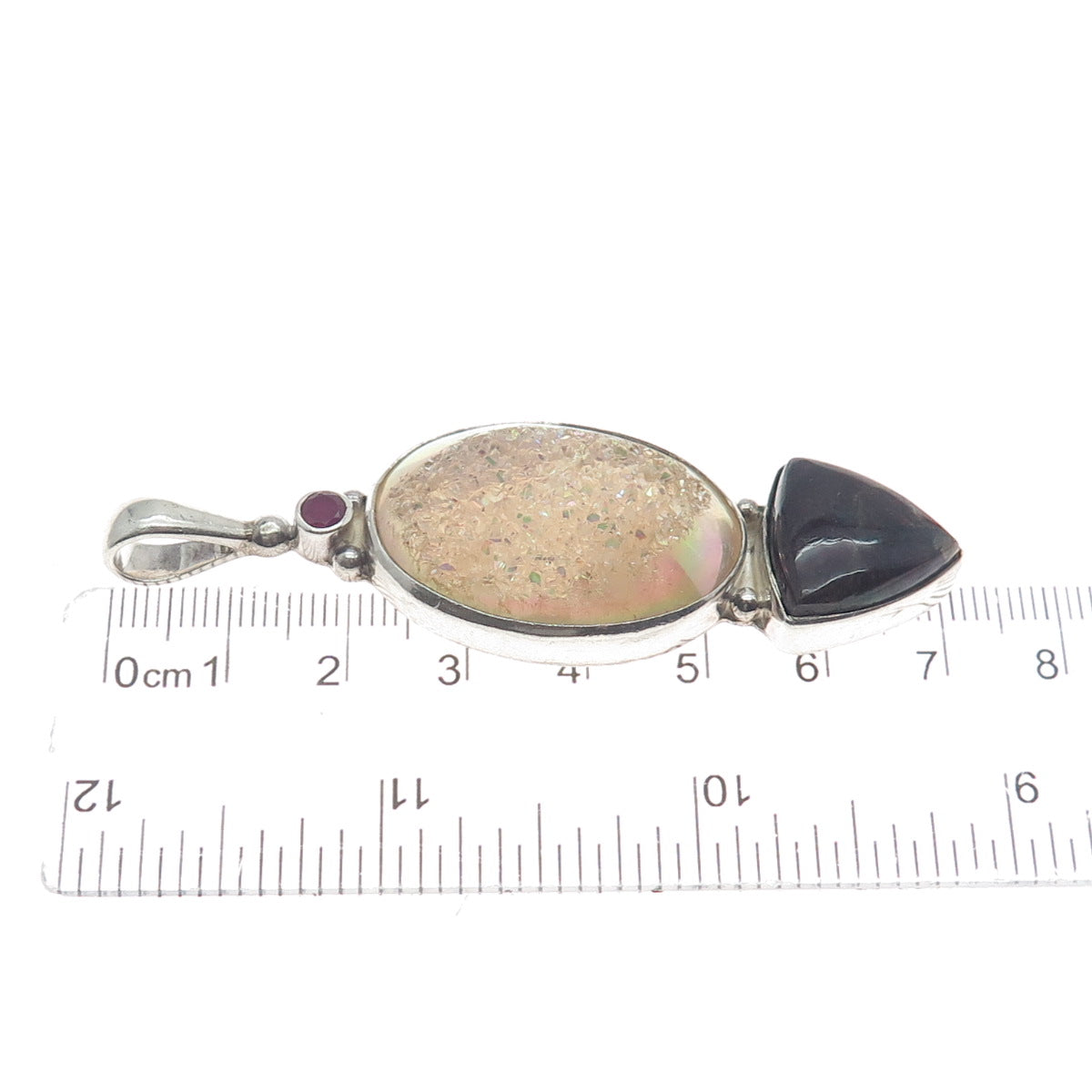 SAJEN 925 Sterling Silver Vintage Real Druzy Jasper & Ruby Gem Amulet Pendant