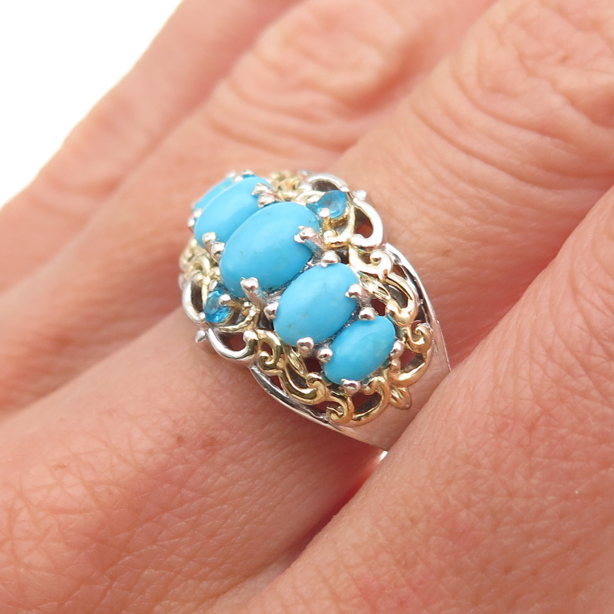 Chuck Clemency 925 Sterling Silver 2-Tone Real Turquoise Apatite Ring Size 8.25