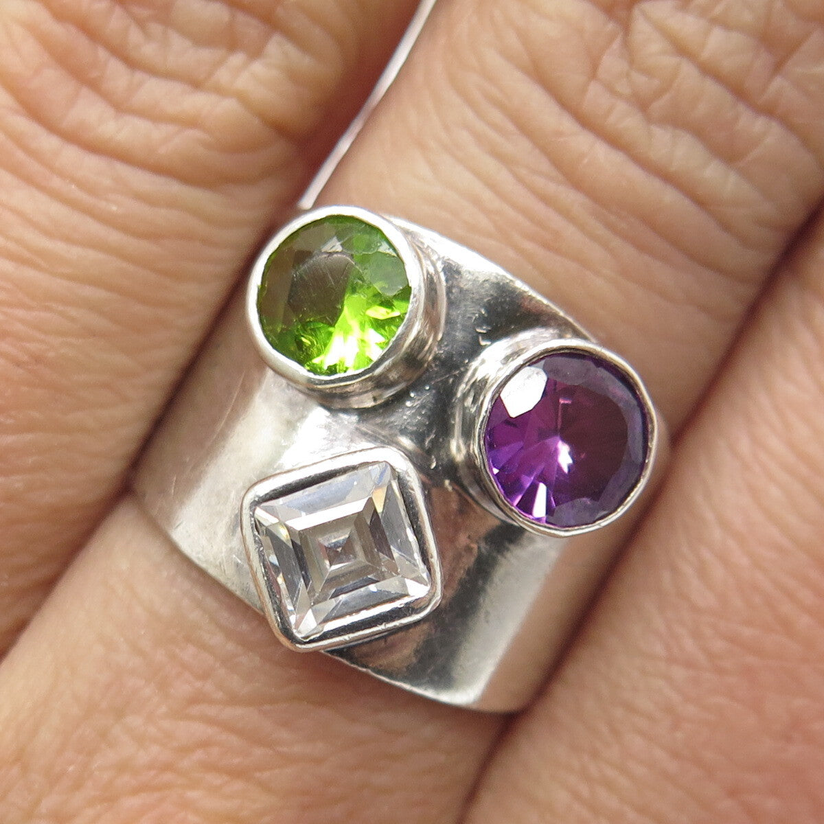 925 Sterling Silver Vintage Peacock Sapphire Peridot Gem C Z Ring Size 7