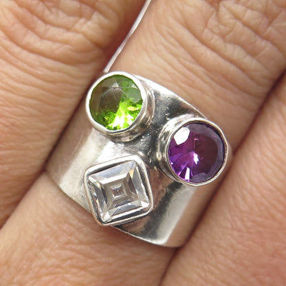 925 Sterling Silver Vintage Peacock Sapphire Peridot Gem C Z Ring Size 7