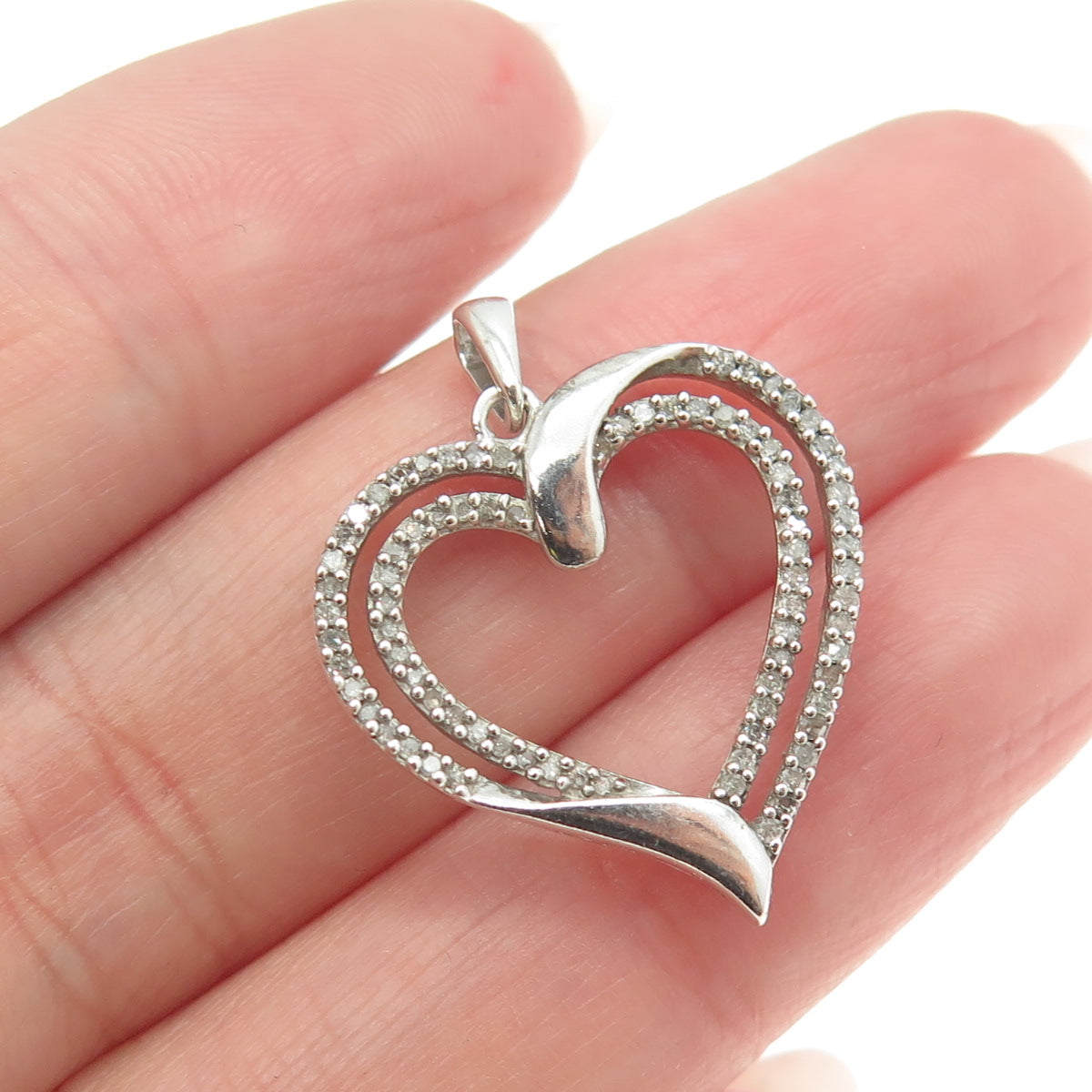 925 Sterling Silver Real Round-Cut Diamond Double Heart Pendant