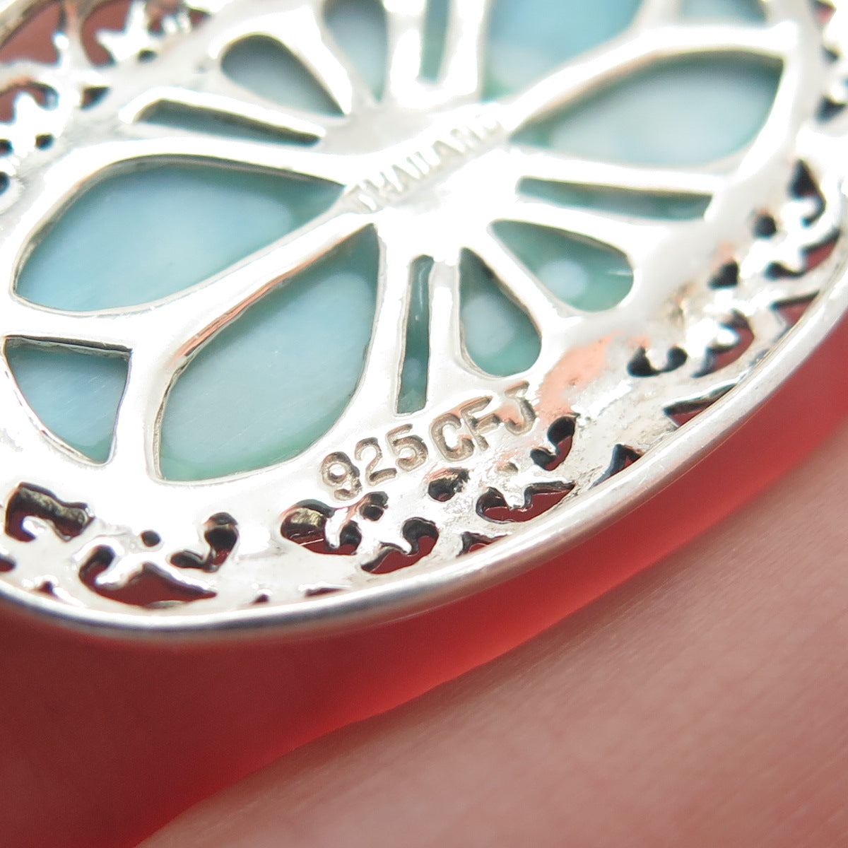 CFJ COLLINS FINE 925 Sterling Silver Real Larimar Gemstone Ornate Oval Pendant