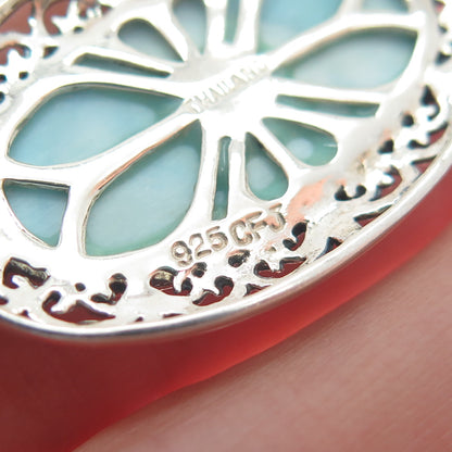 CFJ COLLINS FINE 925 Sterling Silver Real Larimar Gemstone Ornate Oval Pendant