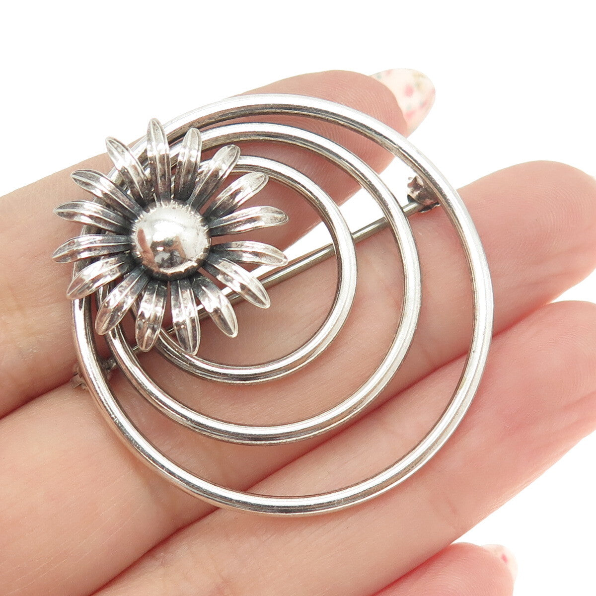W. E. RICHARDS 925 Sterling Silver Vintage Floral Triple Circle Pin Brooch