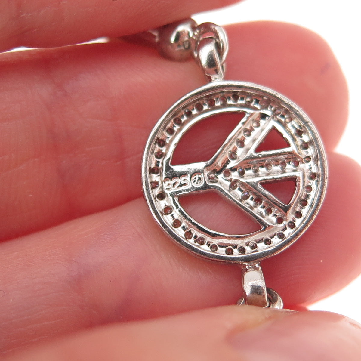 925 Sterling Silver Real Round-Cut Diamond Peace Symbol Bracelet 7"