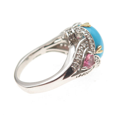 925 Sterling 2-Tone Real Turquoise Pink Amethyst White Topaz Ring Size 8.25