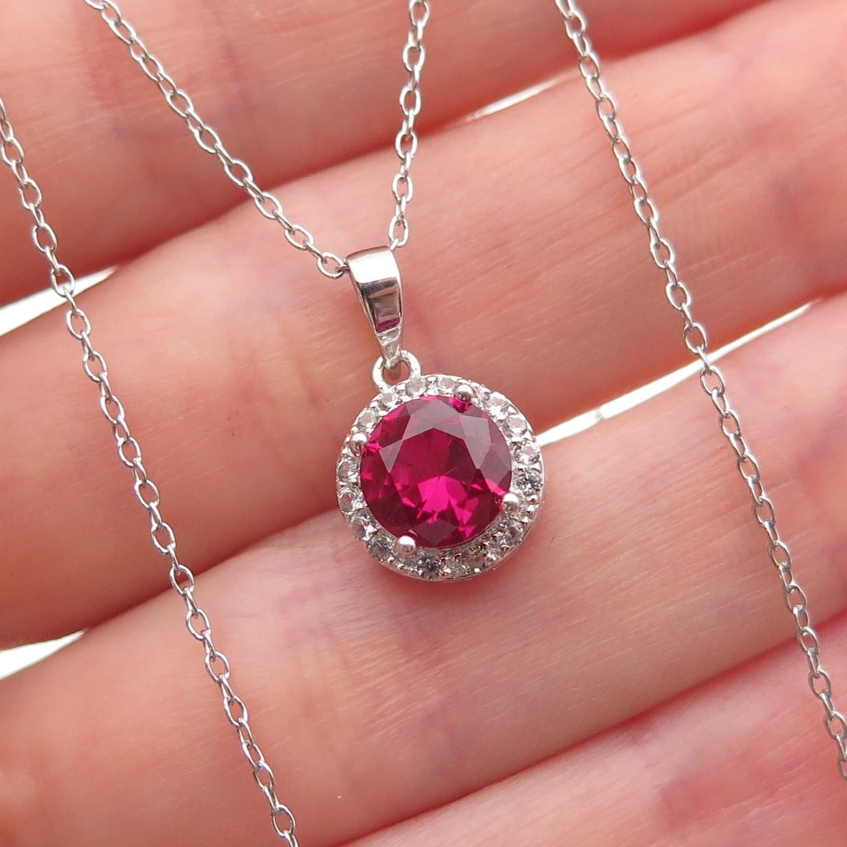 925 Sterling Silver Lab-Created Ruby & Real White Topaz Cable Chain Necklace 18"