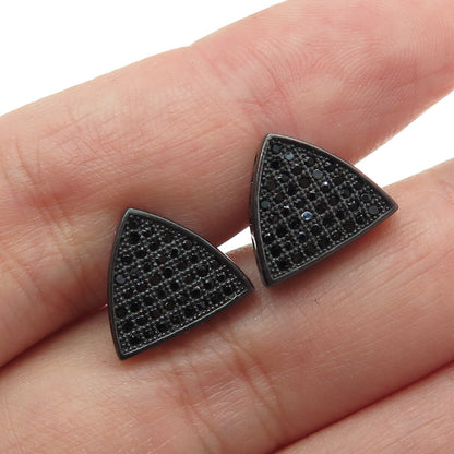 925 Sterling Silver Real Round-Cut Black Spinel Oxidized Triangle Earrings