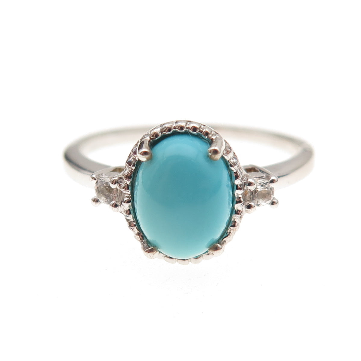 925 Sterling Silver Real Sleeping Beauty Turquoise & White Topaz Ring Size 8