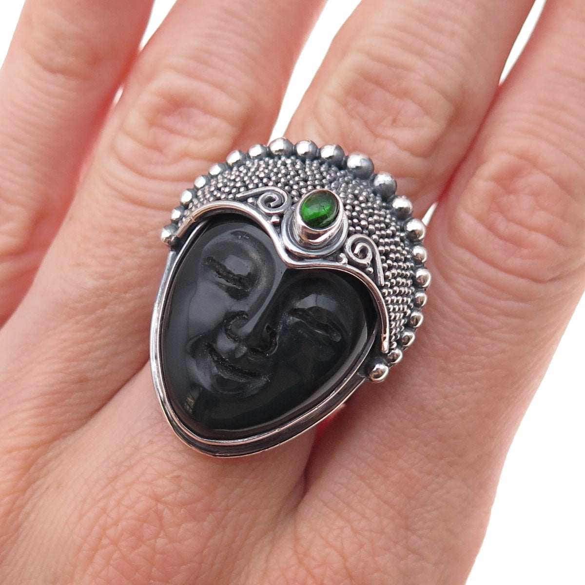 Sajen Sterling Silver Vintage Onyx & Tourmaline Goddess Adjustable Ring Size 8.5