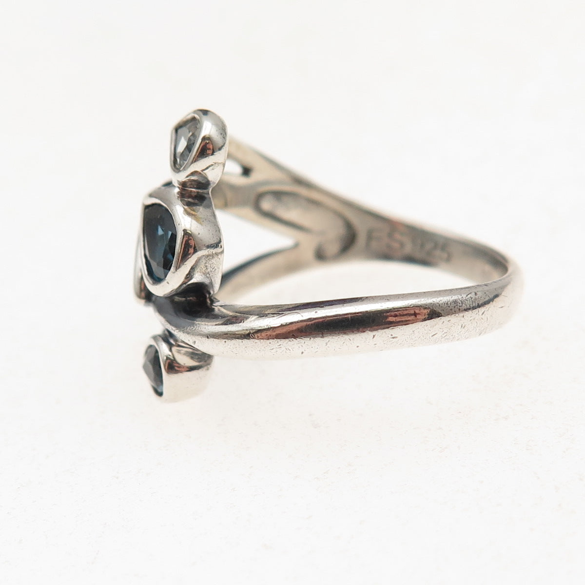925 Sterling Silver Vintage Real London Blue & White Topaz Oxidized Ring Size 7