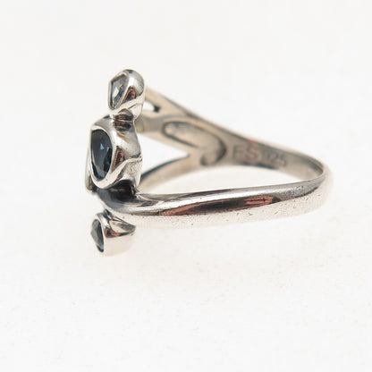 925 Sterling Silver Vintage Real London Blue & White Topaz Oxidized Ring Size 7