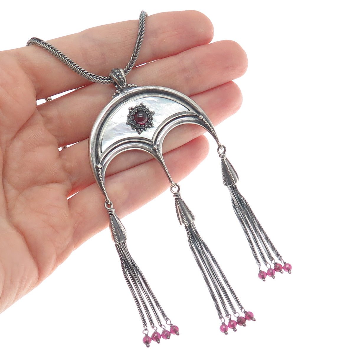 925 Sterling Silver Vintage Real Tourmaline MOP Tassel Spiga Chain Necklace 16"