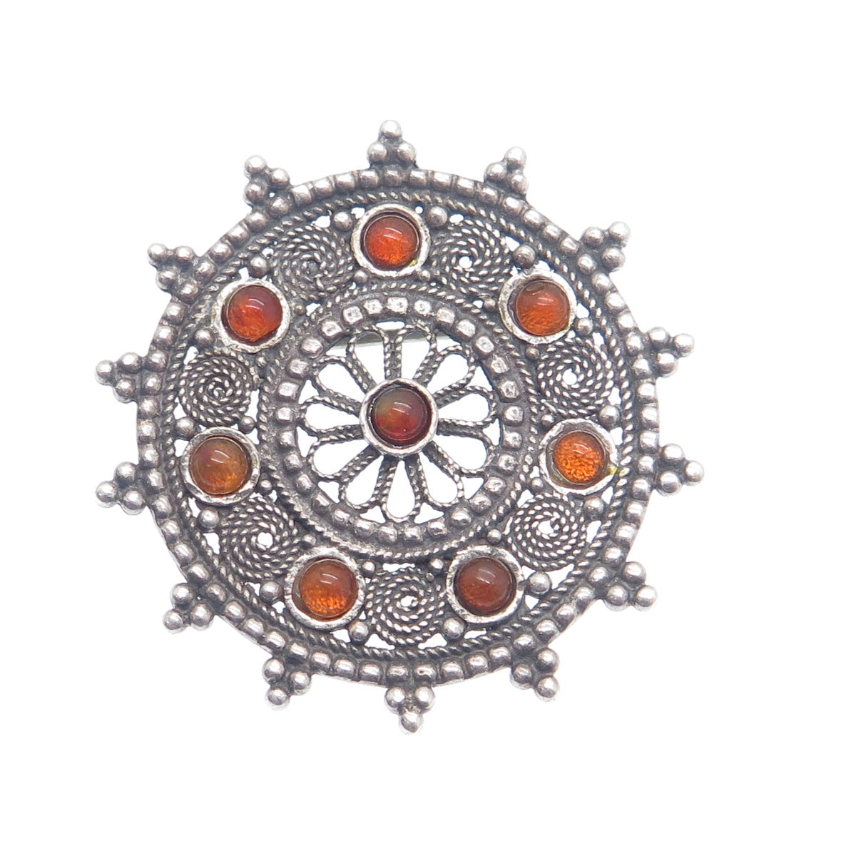AZRIEL DAVID 925 Sterling Vintage Real Agate Fortune Wheel Oxidized Pin Pendant